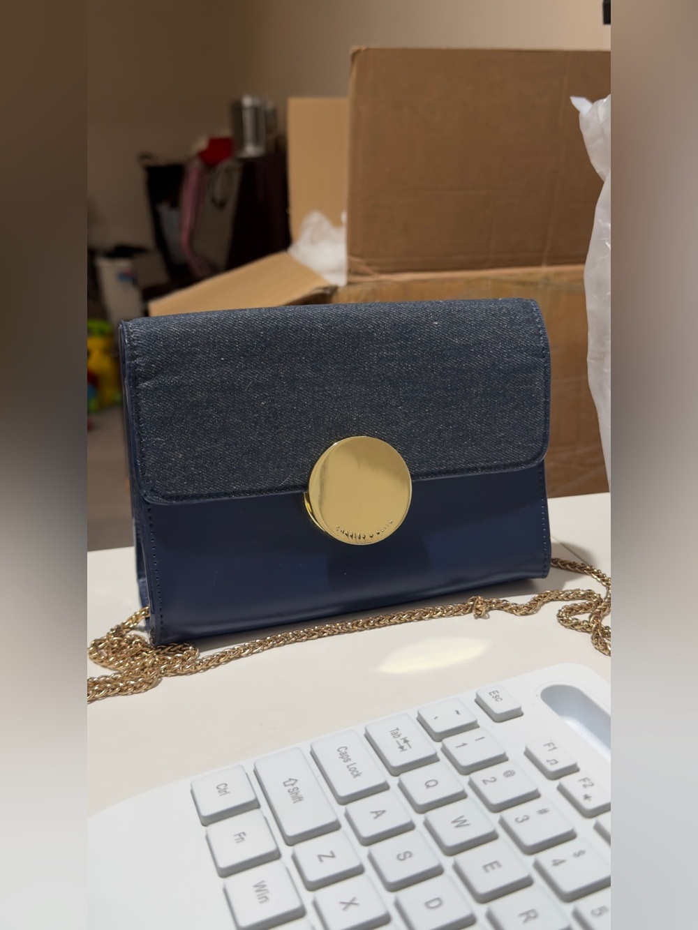 Navy Chain Crossbody Bag with Gold Accent